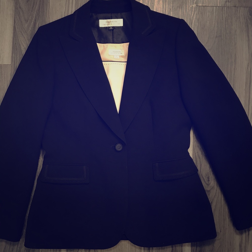 Tahari women’s blazer (black) w/ tan dress shirt.